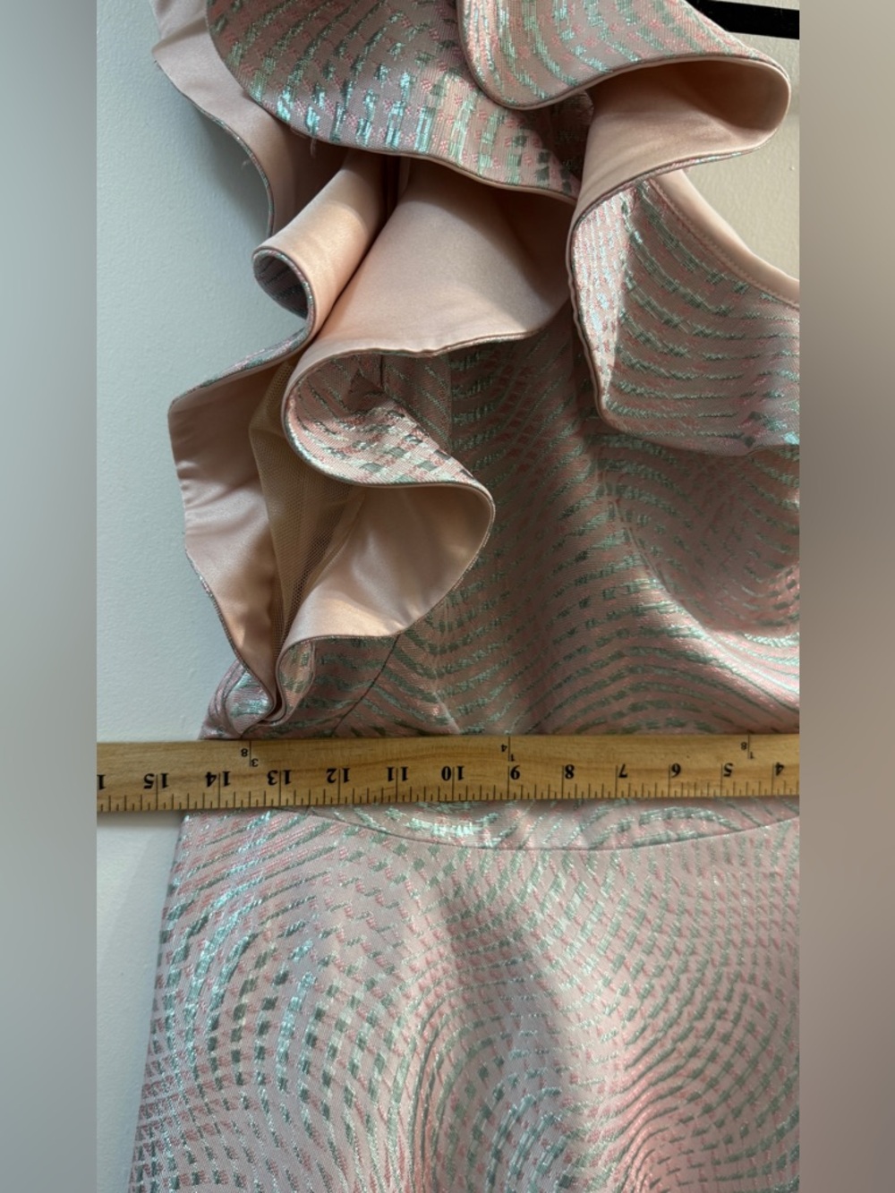 Theia Kay Unger Metallic Jacquard One Shoulder Ruffle Dress Pink Silver 8 - Picture 7 of 11